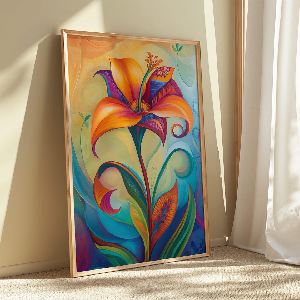 Flowing Orange Lily Swirl Teal Background Art Nouveau Floral Poster - Image 5