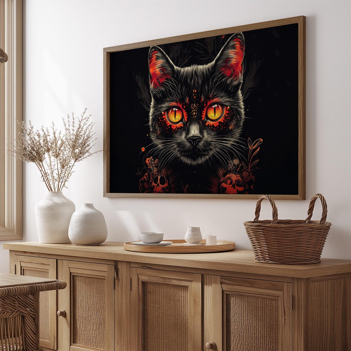 Gothic Black Cat Fiery Orange Eyes Red Skull Dark Mystical Wall Art