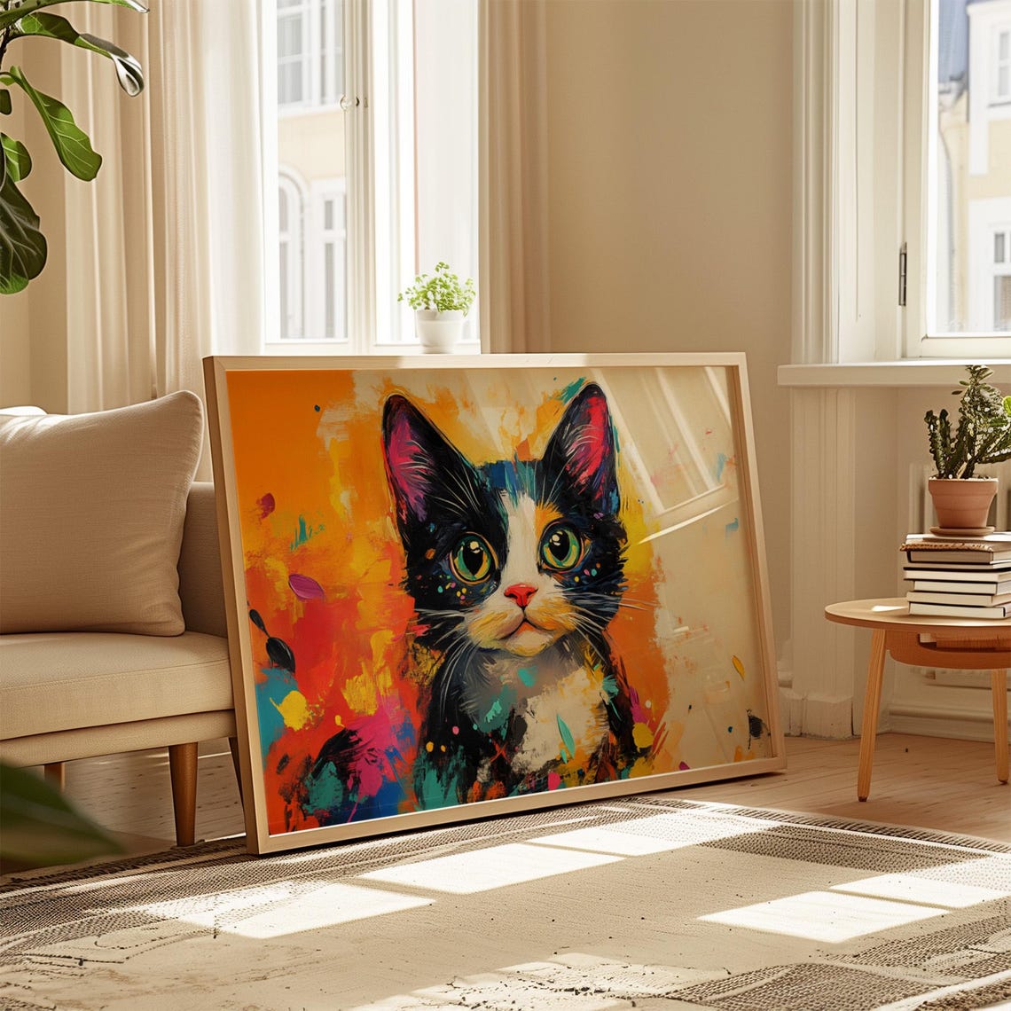 Tuxedo Cat Big Green Eyes Abstract Paint Splatter Background Poster - Image 4