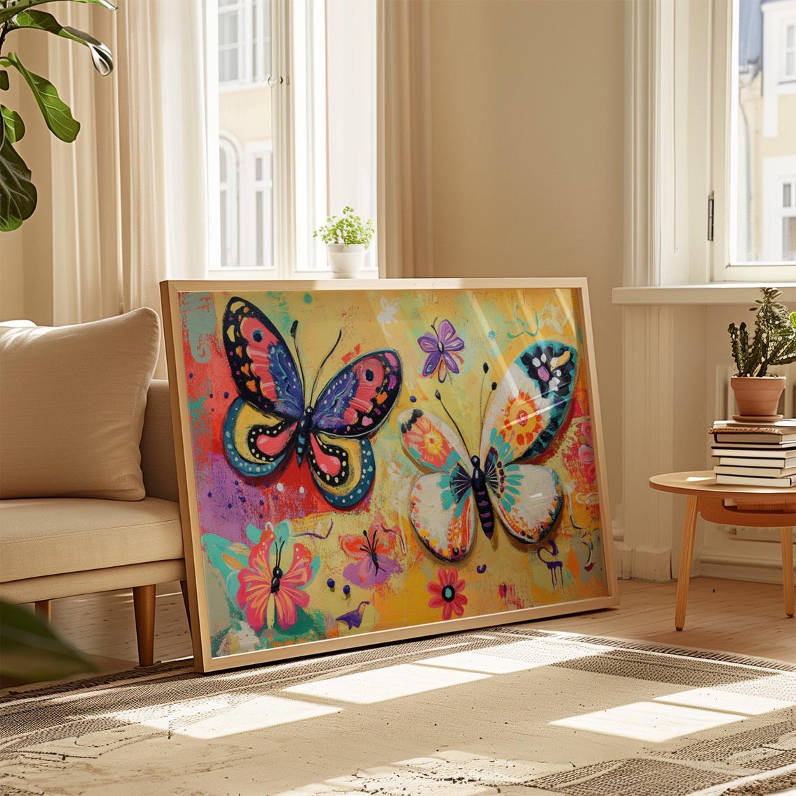 Two Large Butterflies On Warm Golden Abstract Blossom Poster - Image 4