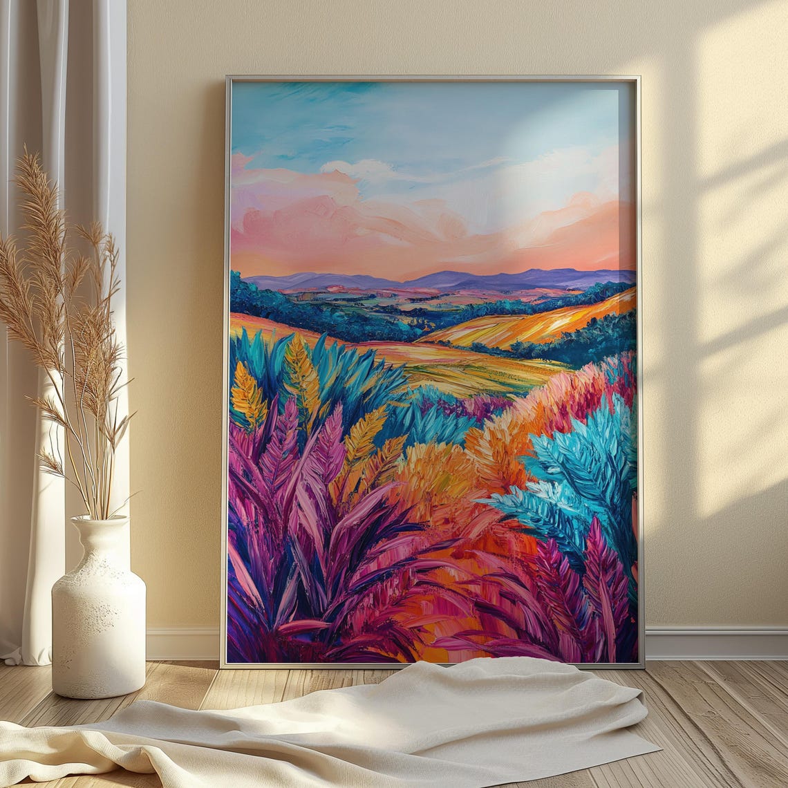 Colorful Rolling Hills Sunset Meadow Pink Sky Landscape Art Print - Image 4