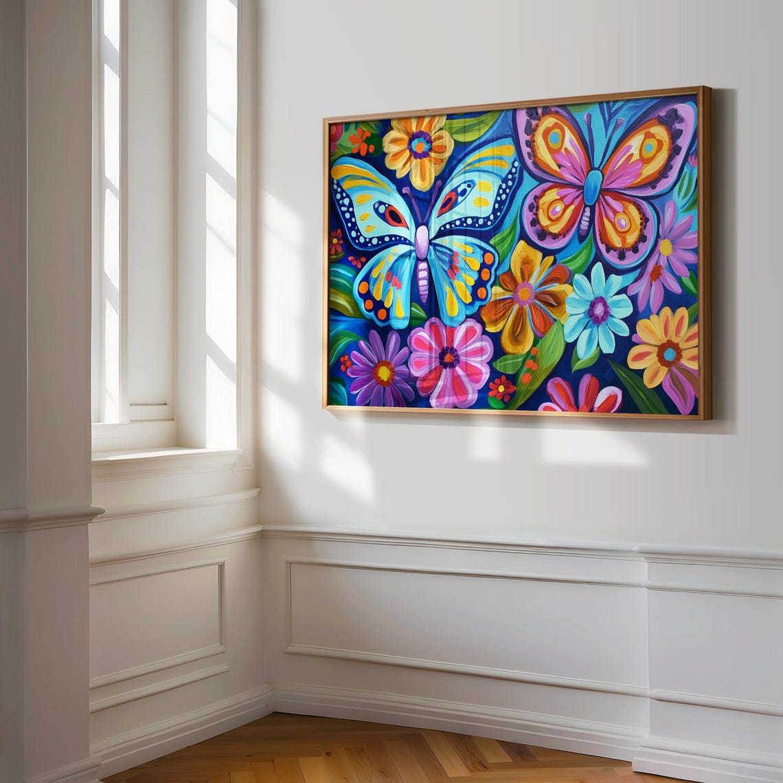 Two Colorful Butterflies Among Folk Flowers Dark Navy Garden Poster - Image 3