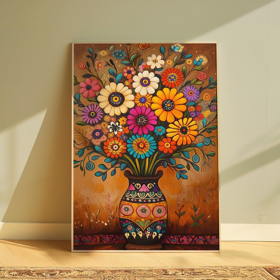 Mexican Folk Art Flower Bouquet Painted Pottery Vase Wall Art Print