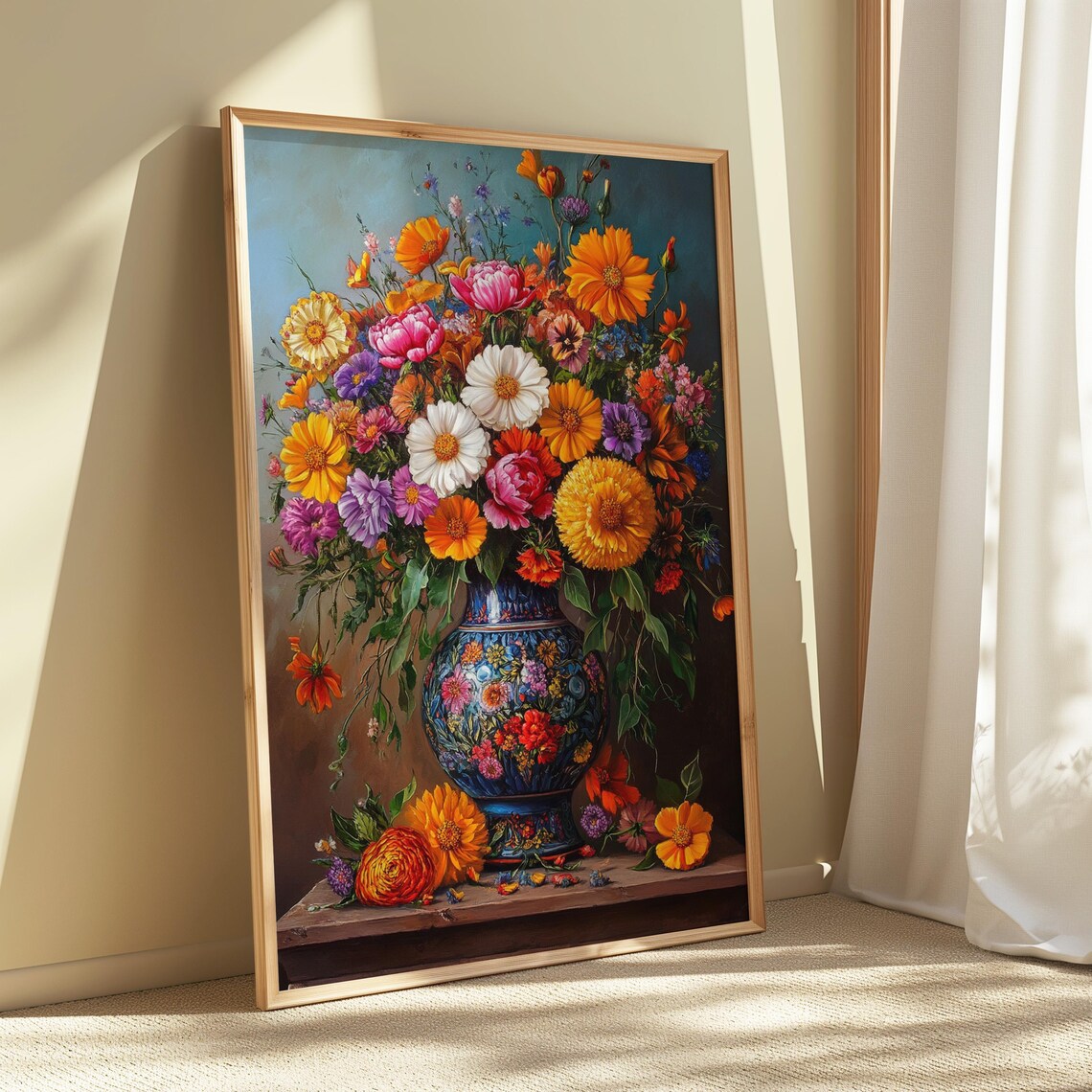 Vibrant Wildflower Bouquet Ornate Blue Vase Ledge Teal Garden Poster - Image 5