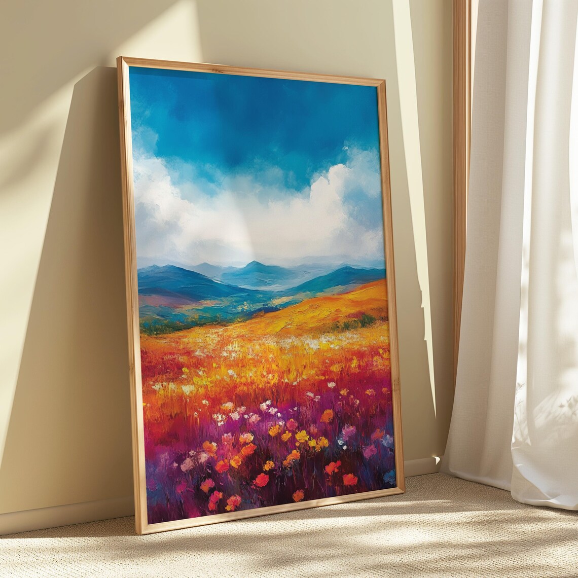 Golden Prairie Wildflower Field Blue Mountain Impressionist Print - Image 5
