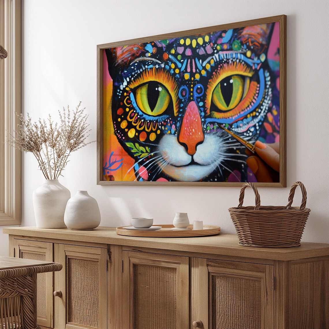 Artist Painting Colorful Cat Face Creative Brushstroke Detail Wall Art Poster
