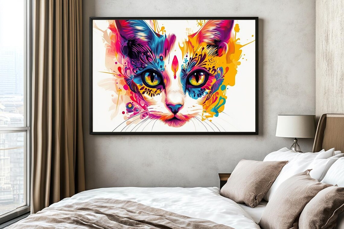 Vibrant Watercolor Cat Face Day of the Dead Rainbow Art Style Poster