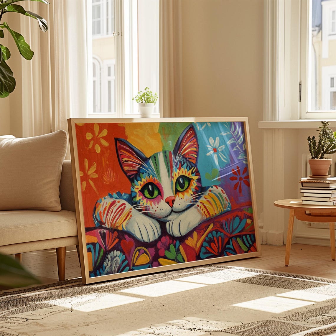 Rainbow Cat Resting Paws Floral Blanket Big Green Eyes Cute Cat Poster - Image 4