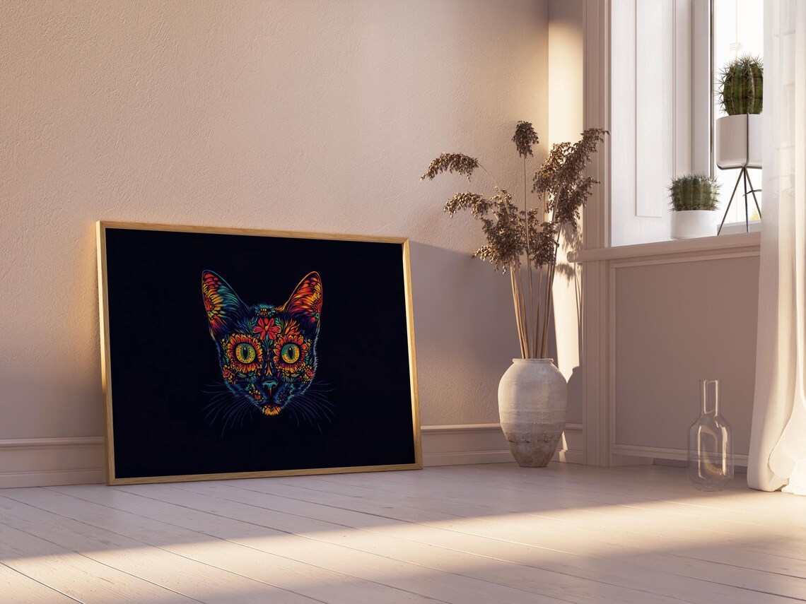 Intricate Neon Black Cat Face Green Eyes Glowing Whiskers Day Dead Wall Art - Image 2