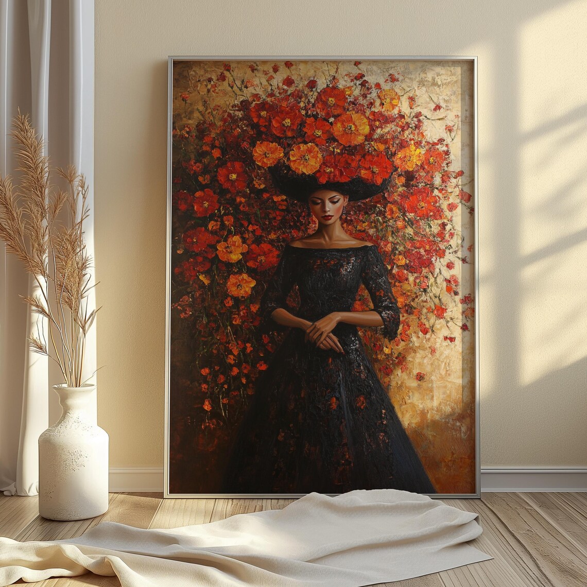 Elegant Woman Black Dress Marigold Headdress Oil Painting Floral Poster - Image 2