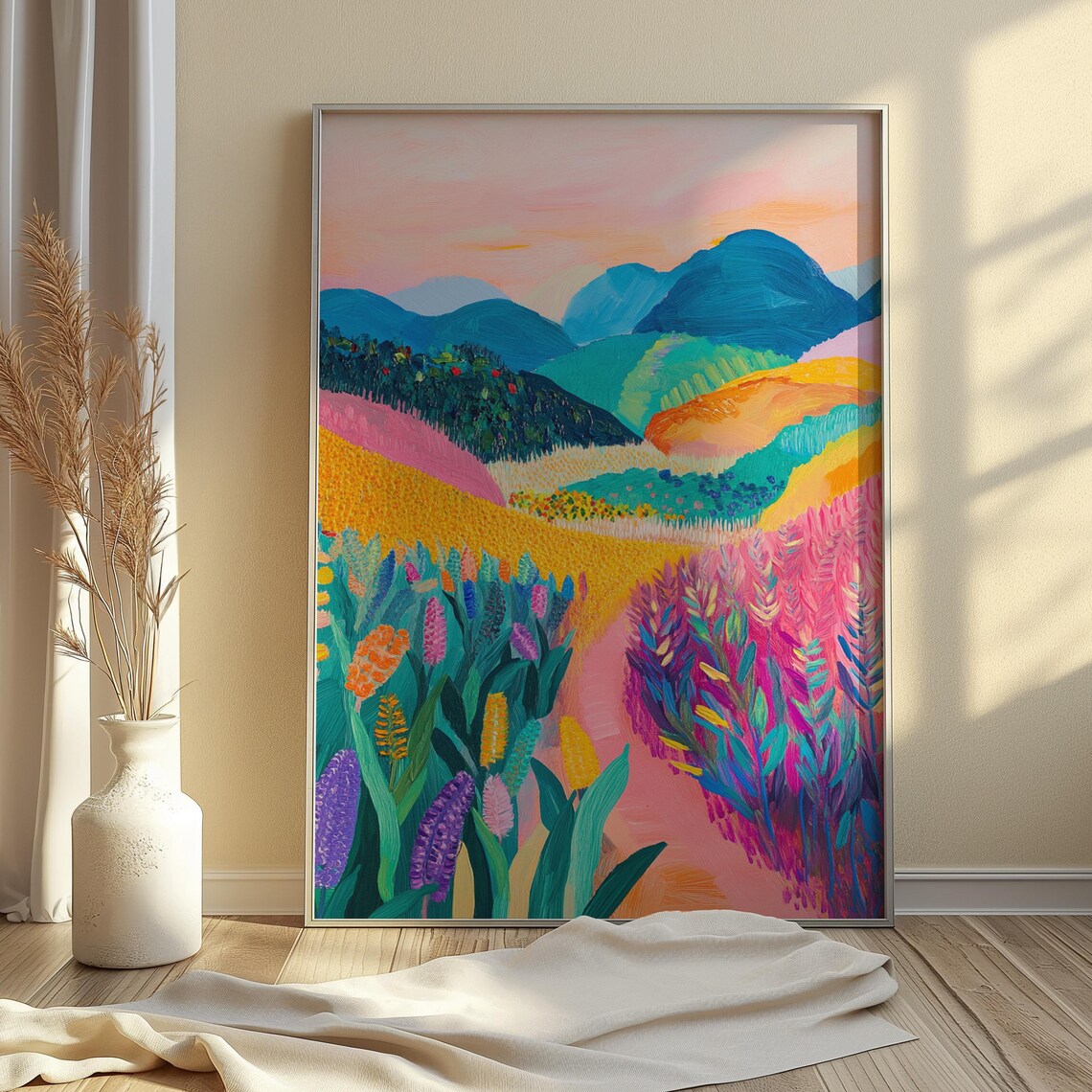 Pastel Pink Countryside Valley Teal Hills Soft Meadow Art Print - Image 4