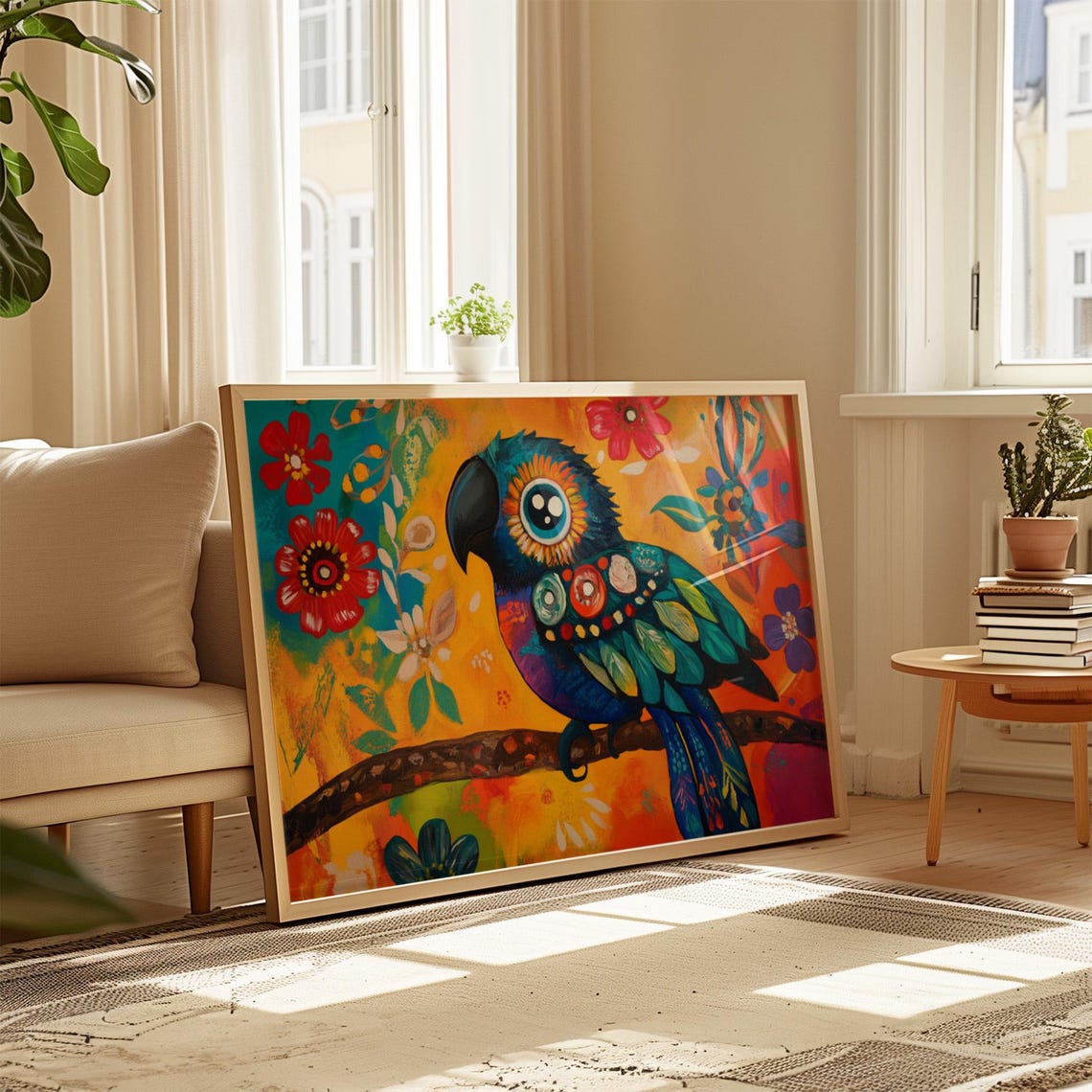 Indigo Parrot Black Beak Perched Branch Fiesta Bloom Art Print - Image 4