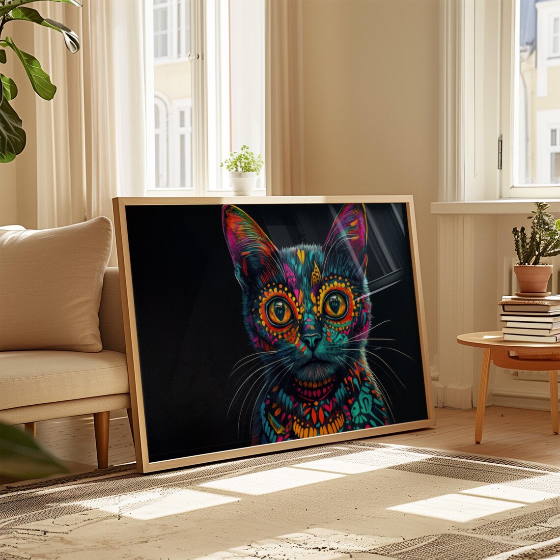 Black Cat Day of the Dead Sugar Skull Face Paint Neon Colorful Art Poster - Image 4