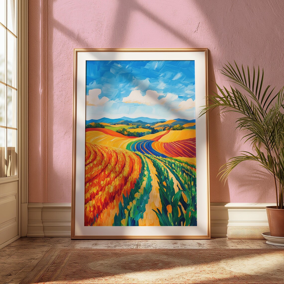 Colorful Farmland Rolling Hills Harvest Rows Vibrant Countryside Landscape Poster - Image 2
