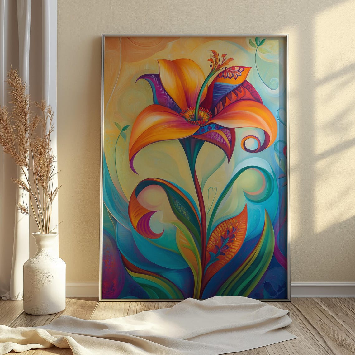 Flowing Orange Lily Swirl Teal Background Art Nouveau Floral Poster - Image 4