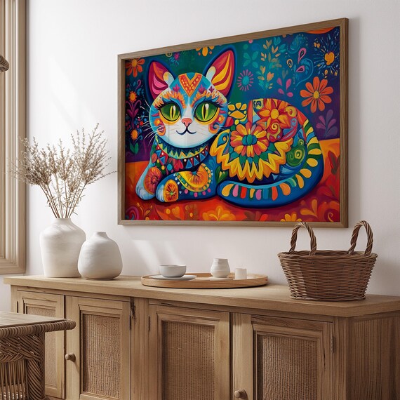 Reclining Floral Patterned Cat Green Eyes Navy Blue Colorful Poster