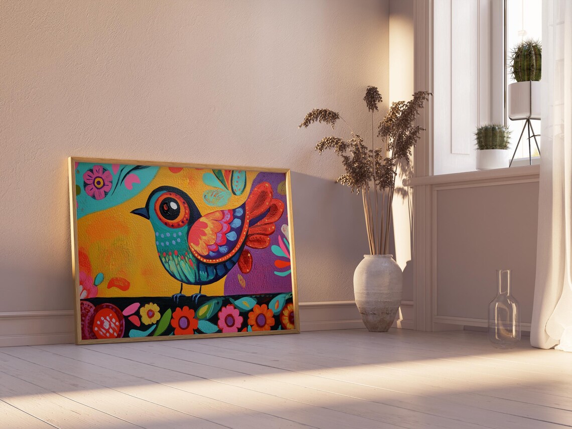 Mexican Folk Art Bird Yellow Purple Floral Background Poster - Image 2