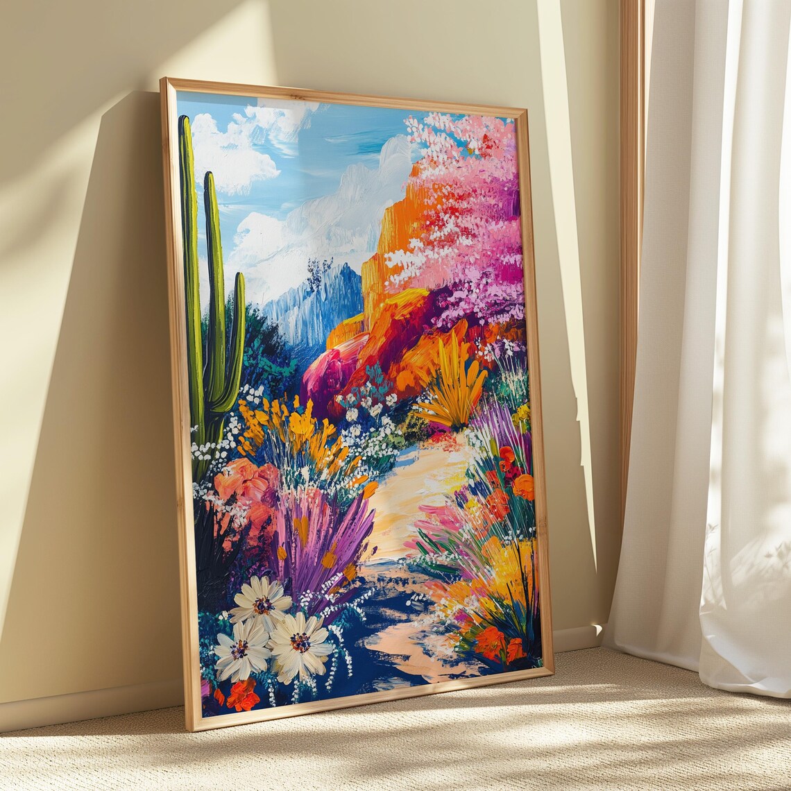 Blooming Desert Canyon Path Saguaro Cactus Pink Wildflowers Blue Sky Landscape Poster - Image 5