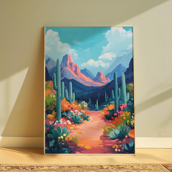 Sonoran Desert Saguaro Cacti Red Rock Peaks Colorful Southwest Poster