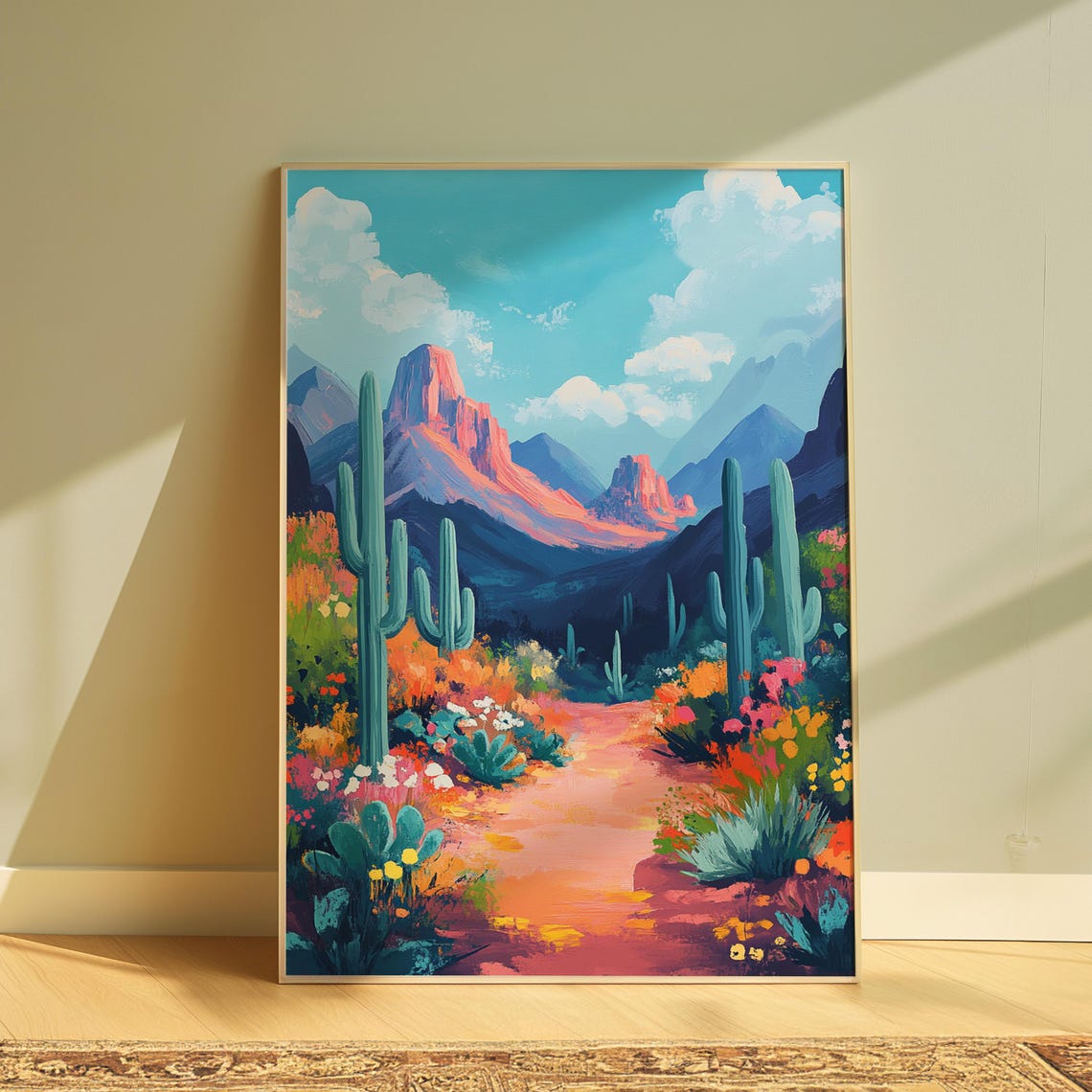 Sonoran Desert Saguaro Cacti Red Rock Peaks Colorful Southwest Poster