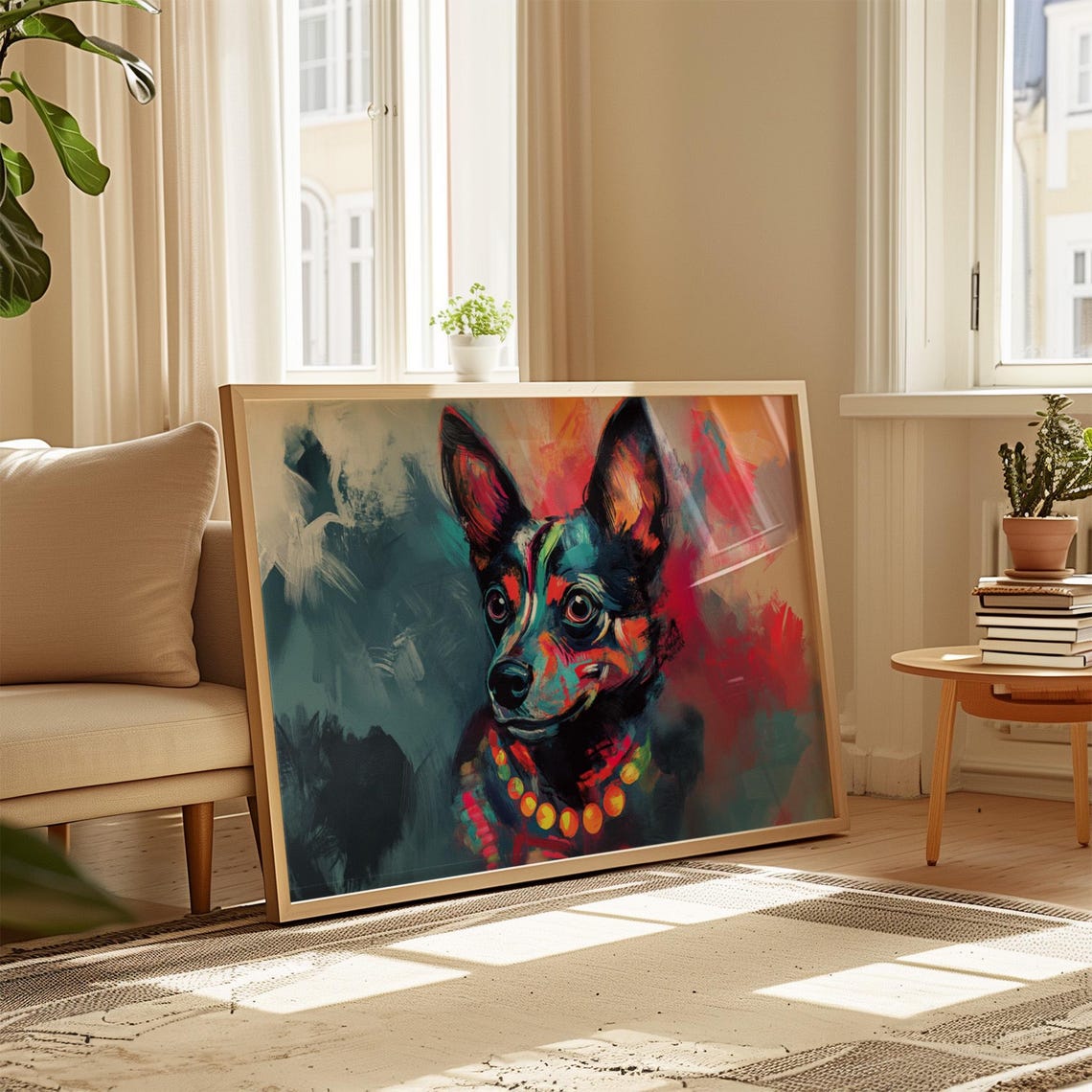 Small Chihuahua Like Dog Abstract Paint Strokes Red Teal Art Poster - Image 4