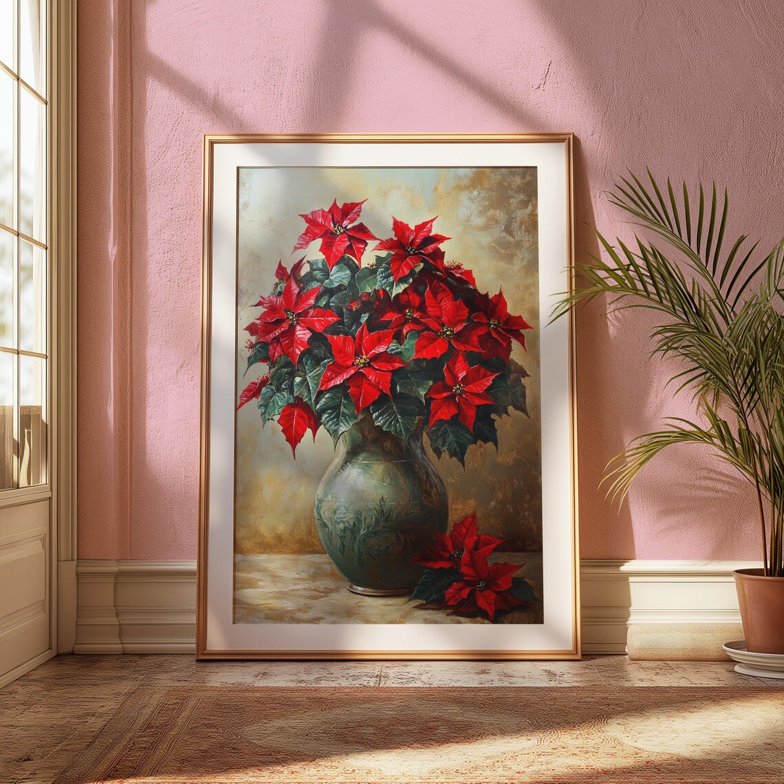 Red Poinsettia Antique Green Glass Vase Christmas Still Life Poster - Image 2