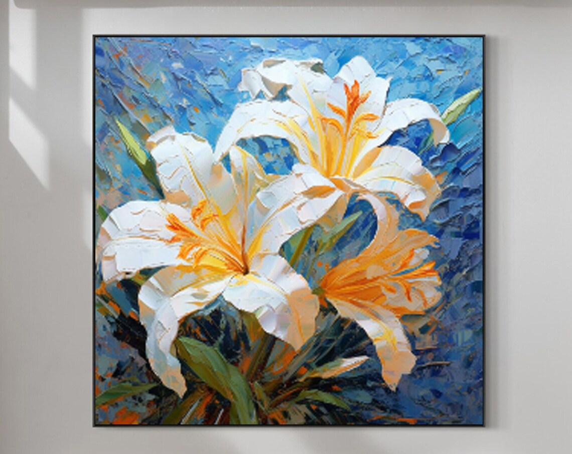 White Orange Lily Blooms Deep Blue Textured Floral Art Poster