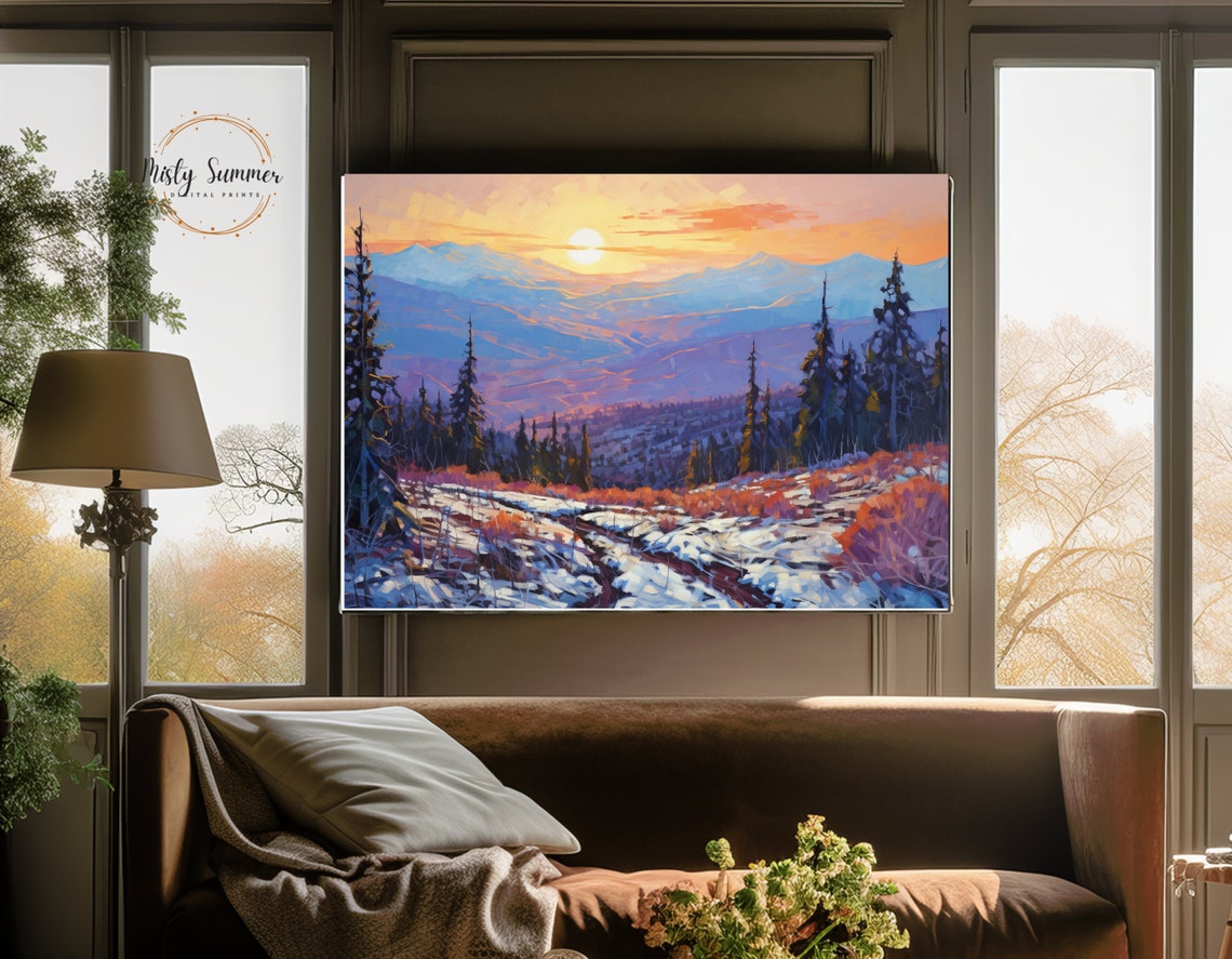 Snowy Mountain Valley Sunrise Pine Forest Winter Landscape Art Print - Image 3