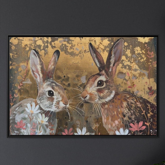 Cute Rabbits Folk Art Rabbit Art Print, Cottagecore