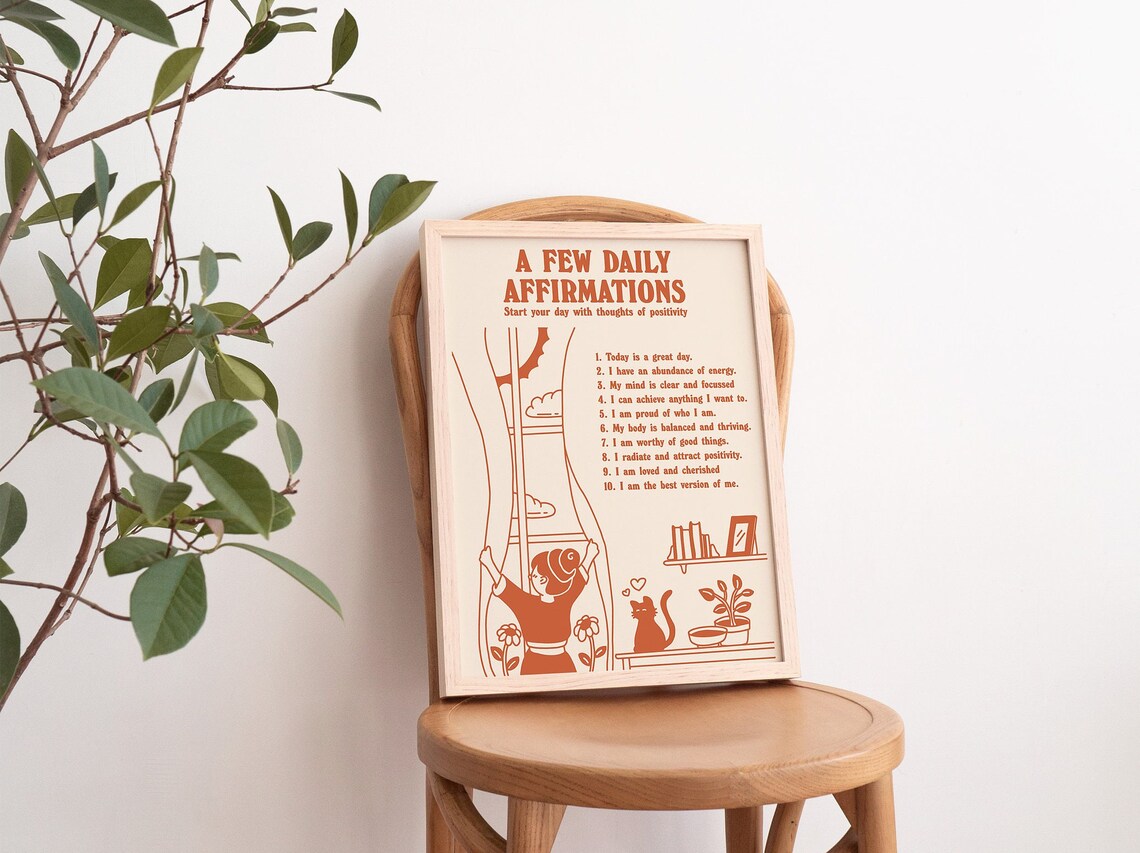 Affirmations Wall Print Positive Affirmations Print Retro Wall Decor Prints Instant Art Orange - Image 2