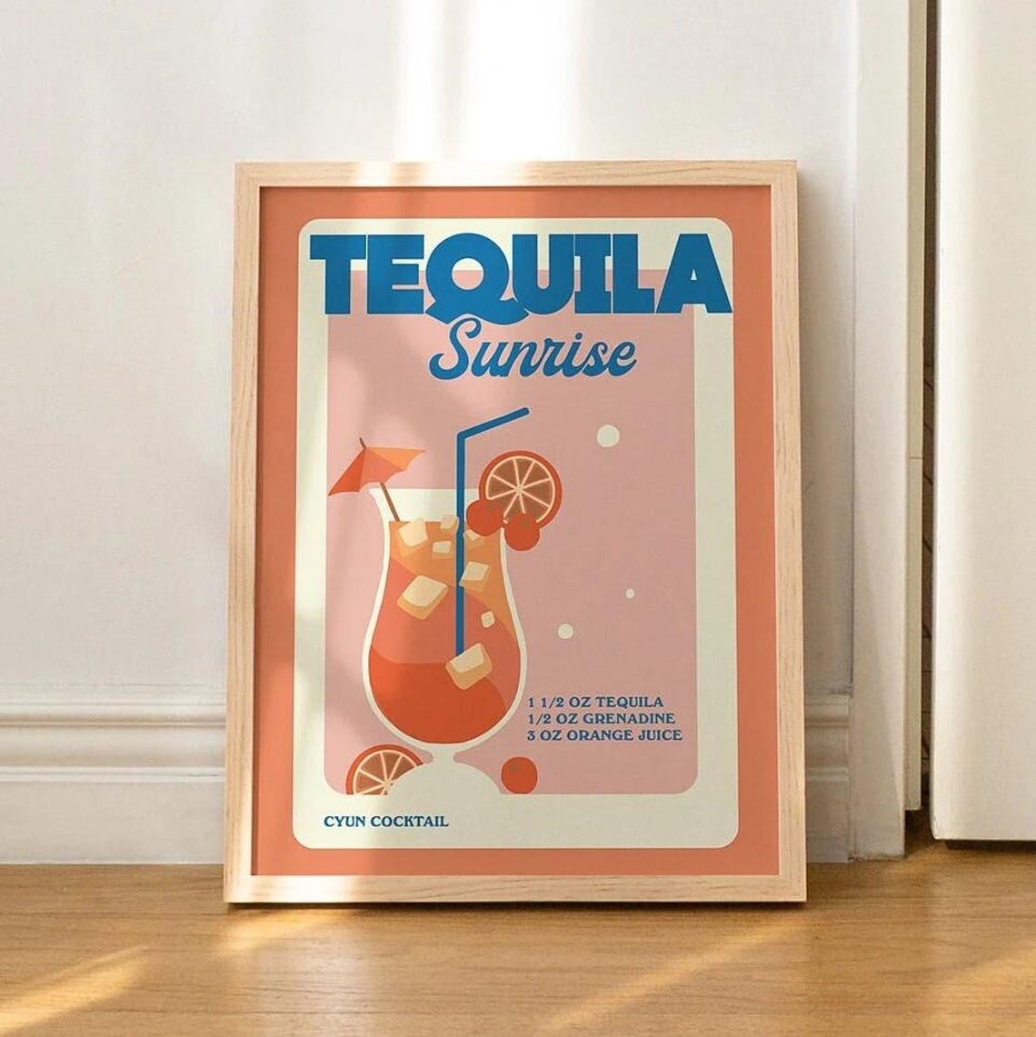 Tequila Sunrise Retro Cocktail Recipe Coral Bar Kitchen Poster - Image 3