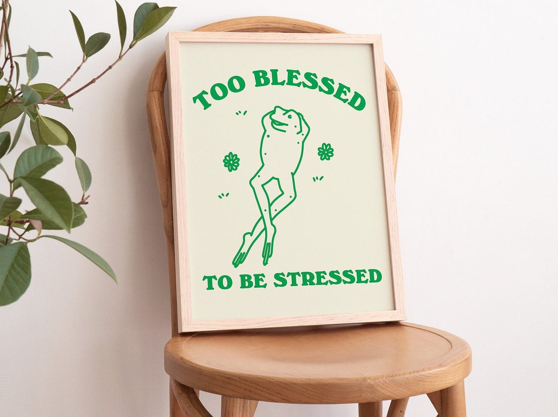 Chill Frog Too Blessed To Be Stressed Green Line Art Wall Poster - Image 3