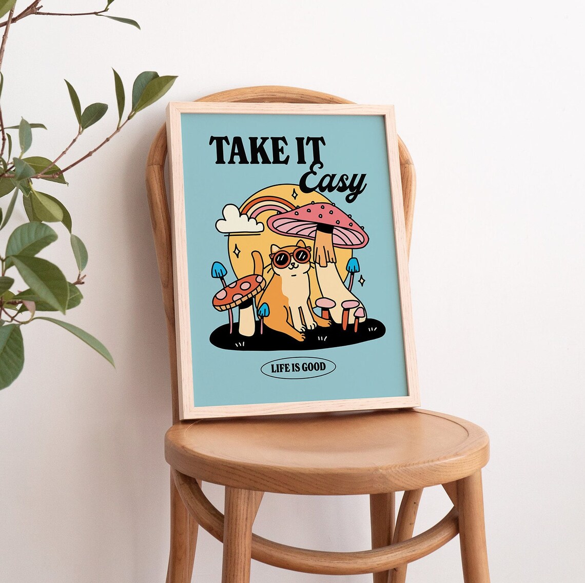 Colorful Cat Mushroom Take It Easy Quote Poster - Image 3