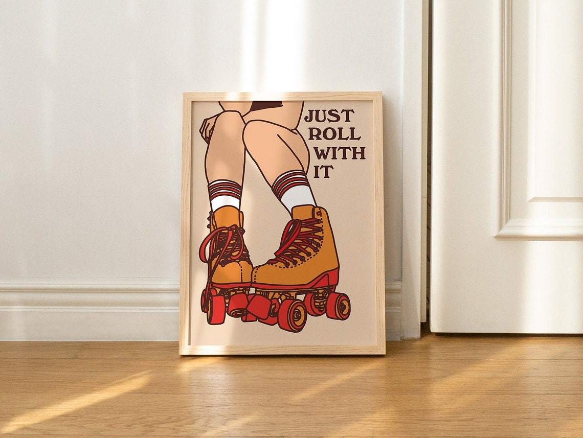 Just Roll With It 70s Retro Groovy Roller Skating Quote Poster - Image 2