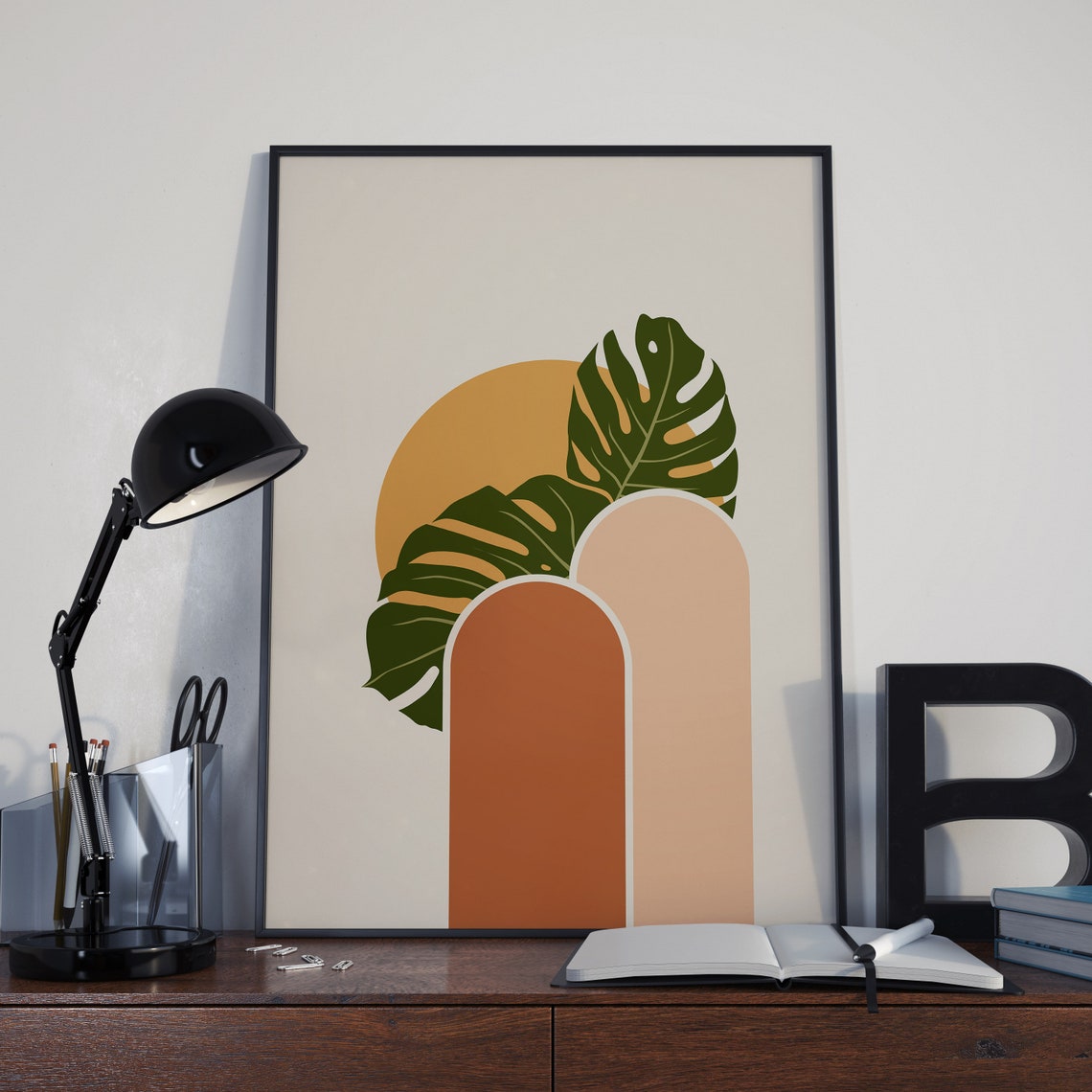 Boho Monstera Palm Sun Abstract Shapes Minimalist Wall Poster - Image 2