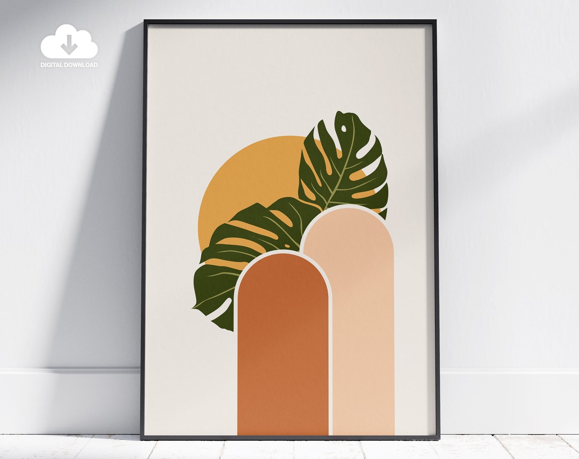 Boho Monstera Palm Sun Abstract Shapes Minimalist Wall Poster