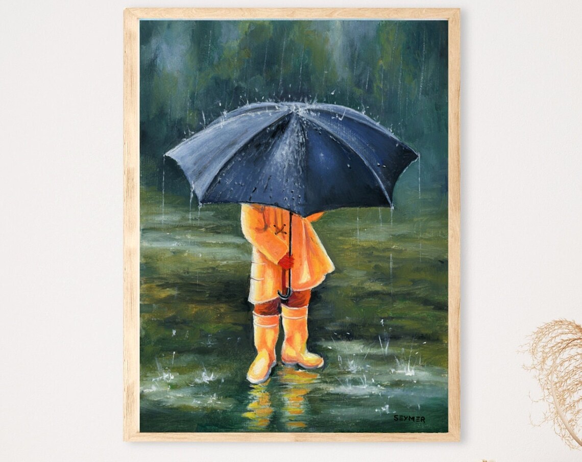 Small Child with Umbrella Splashing in the Summer Rain Poster - Image 4