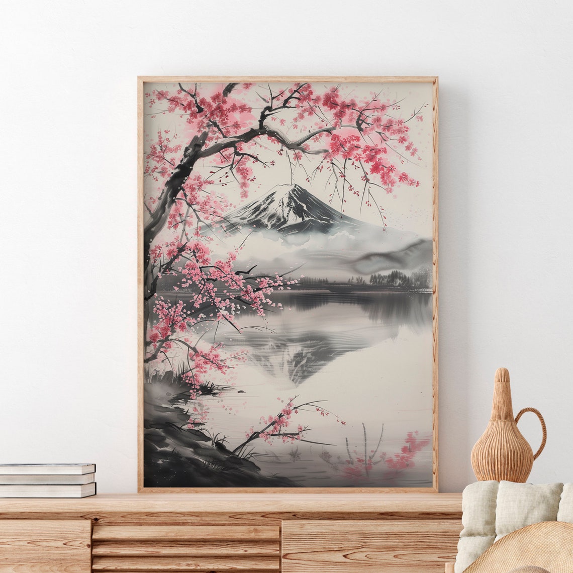 Mount Fuji Cherry Blossom Ink Wash Japanese Landscape Poster - Image 2