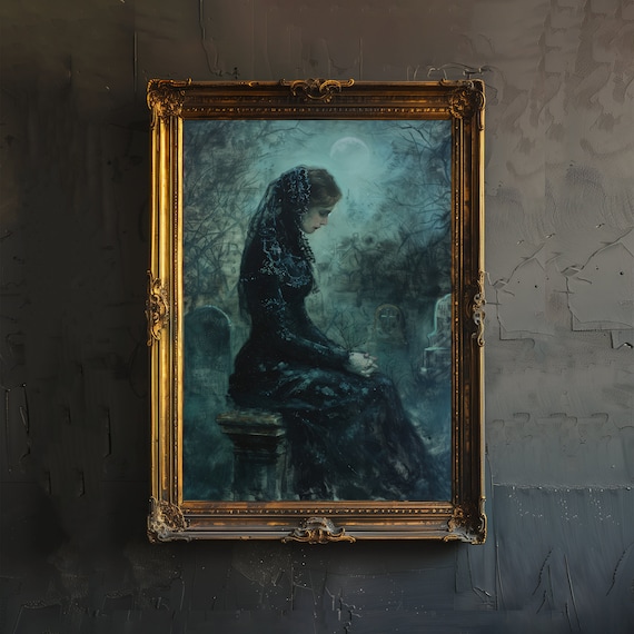 Mourning Woman in Veil Moonlit Cemetery Gothic Melancholy Art Poster