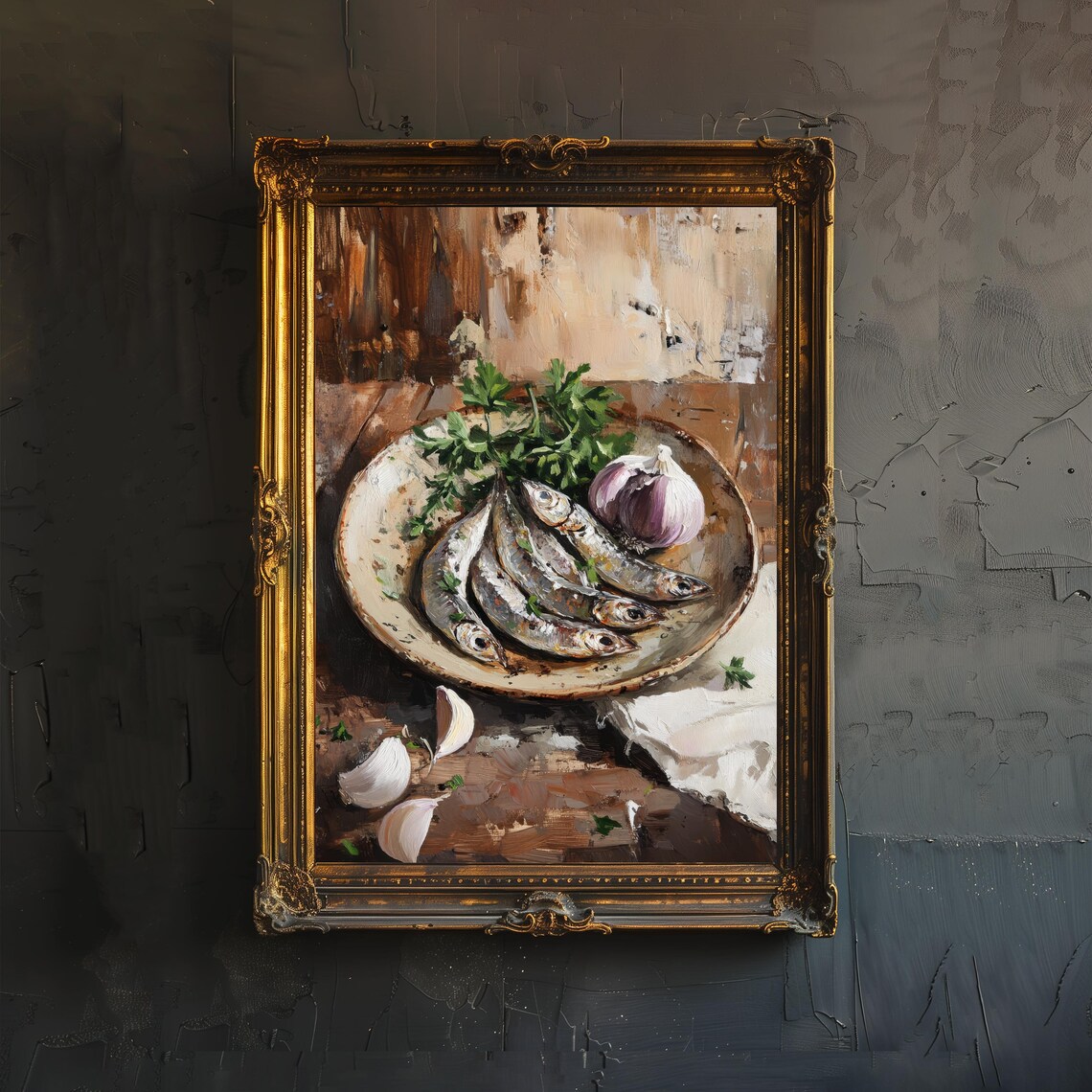Plate of Sardines Rustic Kitchen Still Life Oil Painting Food Wall Art
