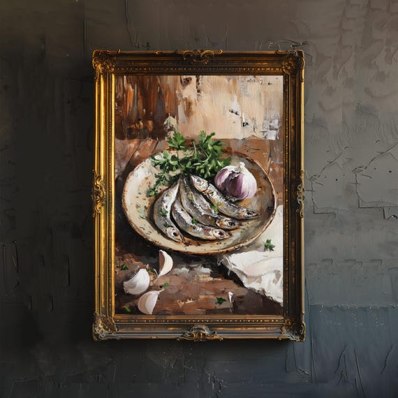 Plate Of Sardines Poster Rustic Kitchen Wall Art Coastal Decor Vintage Food Illustration Mediterranean Cuisine Print