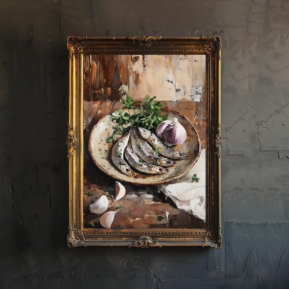 Plate of Sardines Rustic Kitchen Still Life Oil Painting Food Wall Art