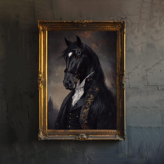 Victorian Horse In Suit Poster Dark Academia Art Whimsical Decor Antique Animal Illustration Vintage Wall Rustic