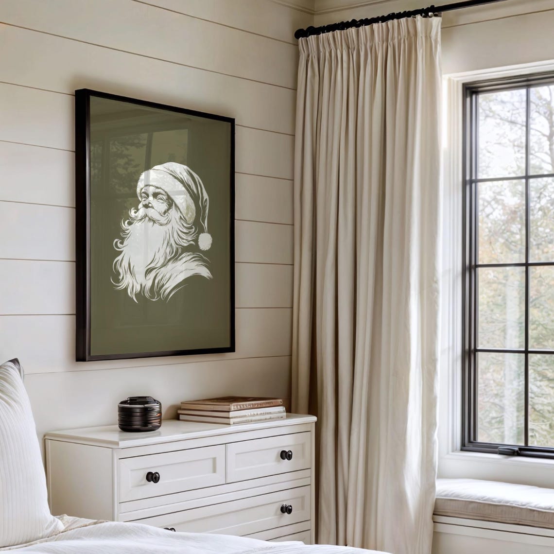 Santa Claus Line Art Cream on Olive Green Christmas Portrait Poster - Image 2