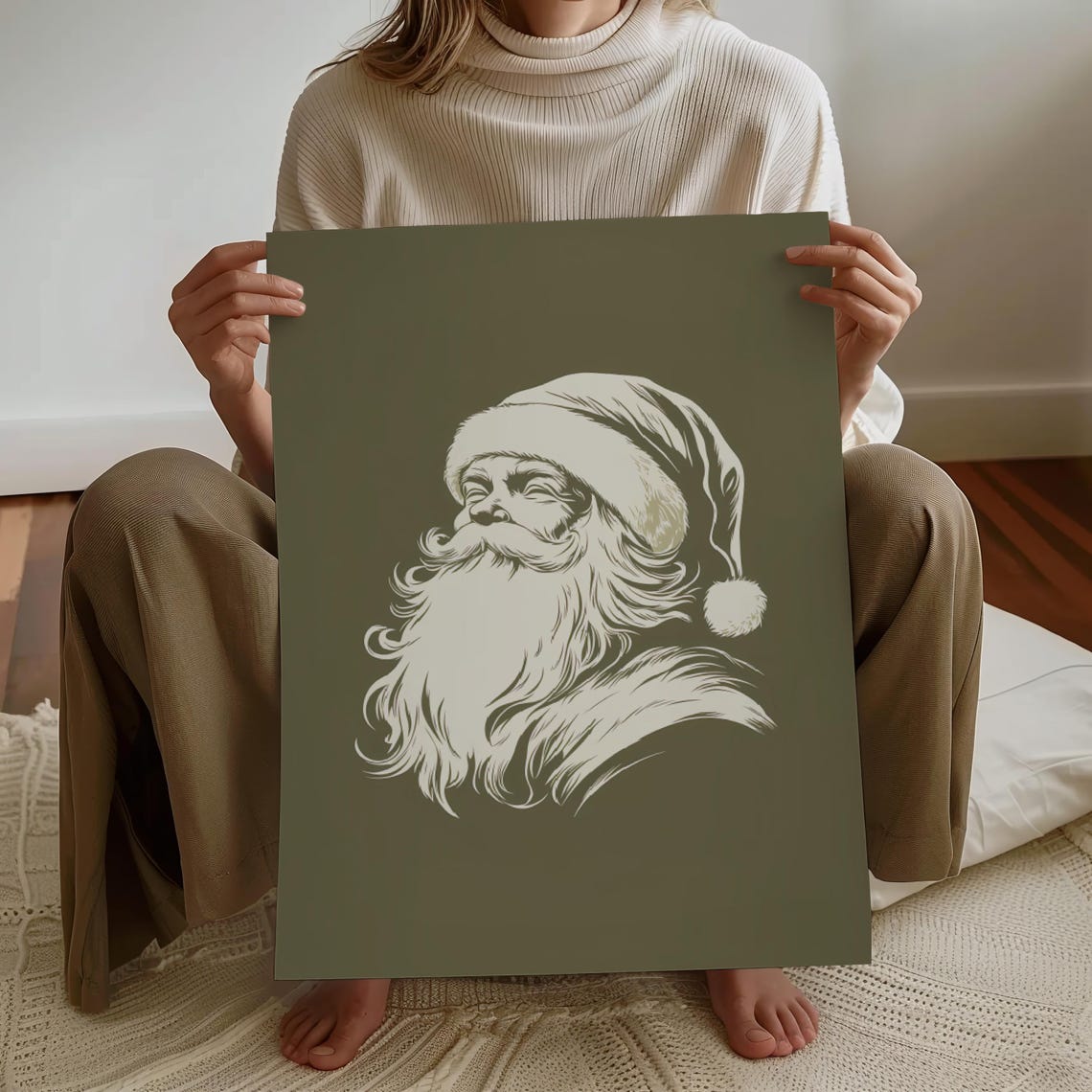 Santa Claus Line Art Cream on Olive Green Christmas Portrait Poster