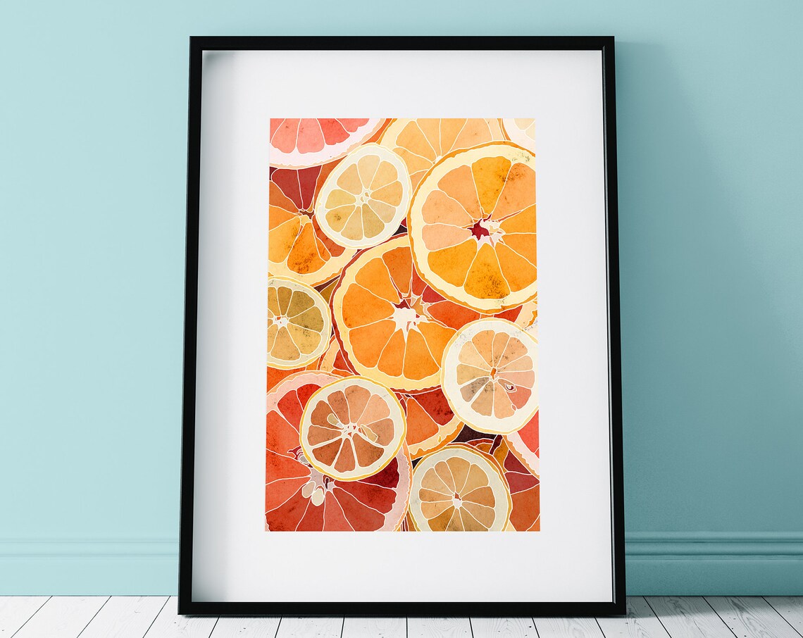 Vibrant Juicy Citrus Slices Watercolor Fruit Kitchen Wall Poster