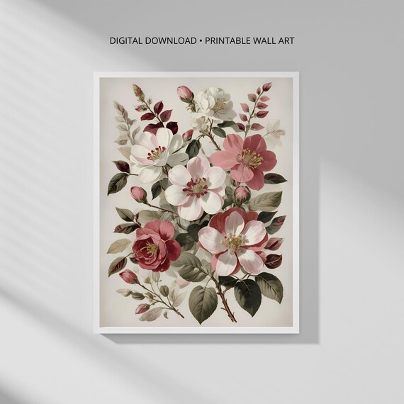 Modern Botanical Wall Art Print Pink And White Rose Minimalist Decor