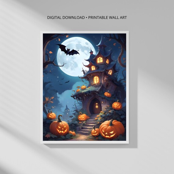 Modern Botanical Wall Art Print Haunted Pumpkin House Minimalist Decor