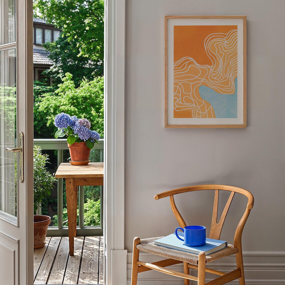 Orange Blue Modern Art Extra Large Wall Art Abstract Shapes Art Curly Lines Instant Art Print Contemporary Print - Image 2