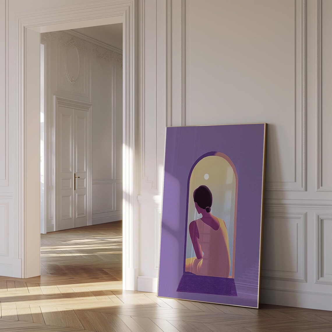 Woman at Arched Window in Purple Minimalist Silhouette Poster - Image 5